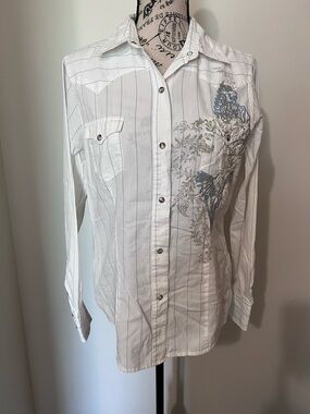 Roper White Striped Western Pearl Snap Shirt Blue Floral Embroidery Medium